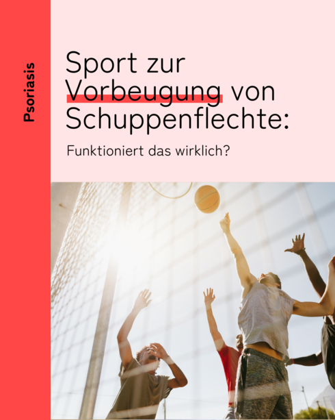 HAUTWENDE: Social-Teaser Psoriasis Social-Teaser für Urtikaria mit dem Schriftzug „Sport zur Vorbeugung von Schuppenflechte: Funktioniert das wirklich?".